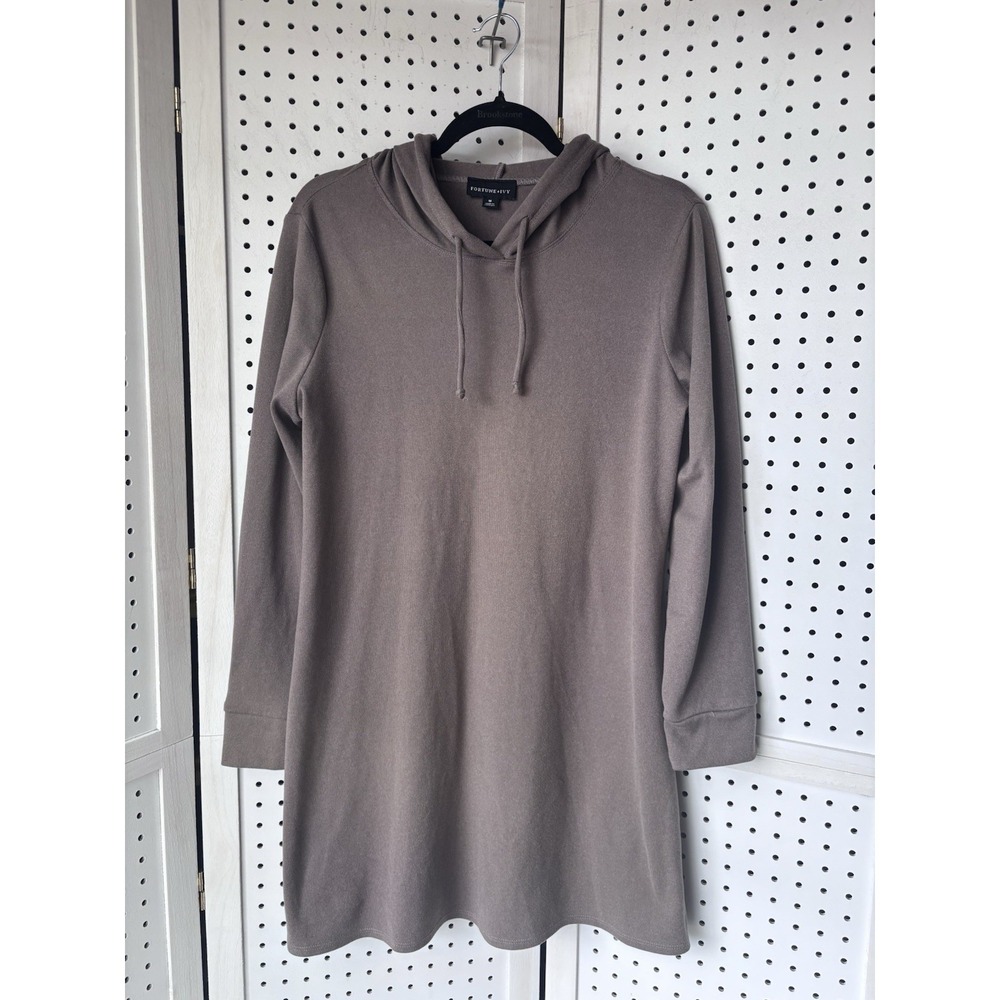 Fortune + Ivy Women's M Hooded Soft Sweater‎ Tunic Long SLV Brown